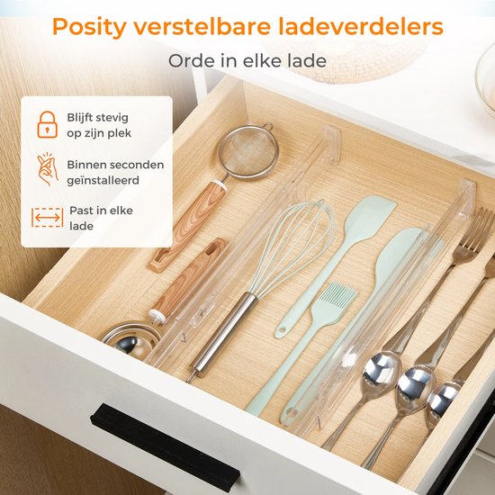 Posity Séparateur de tiroirs - ajustable et extensible - 4 pièces - Organisateur de tiroirs - pour la cuisine, la chambre à coucher et les vêtements - plastique - transparent