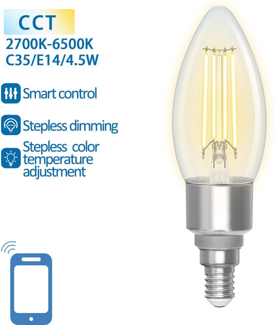 Ampoule LED - Filament - LED intelligente - Ampoule C35 - 4,5 W - Culot E14 - LED intelligente - LED Wi-Fi + Bluetooth - Couleur réglable - Transparente et lumineuse - Verre