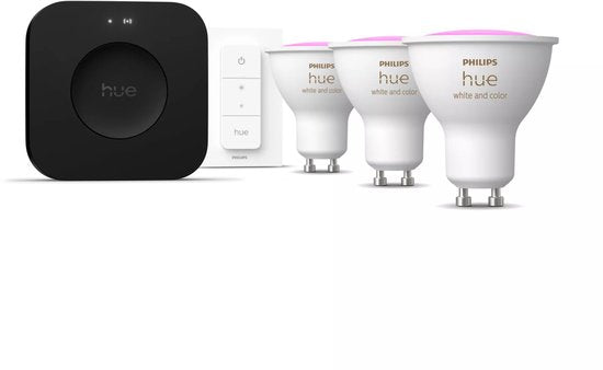 Kit de démarrage Philips Hue - culot GU10 - comprend 1 Hue Bridge Pro, 3 ampoules, 1 DimmerSwitch - lumière blanche et colorée réglable - - éclairage intelligent