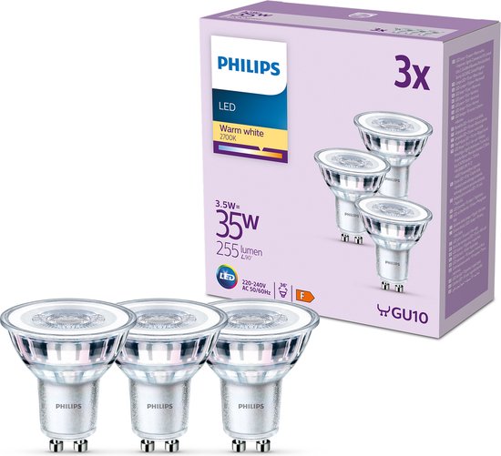 Spot LED Philips - 35 W - GU10 - Lumière blanc chaud - 3 pièces