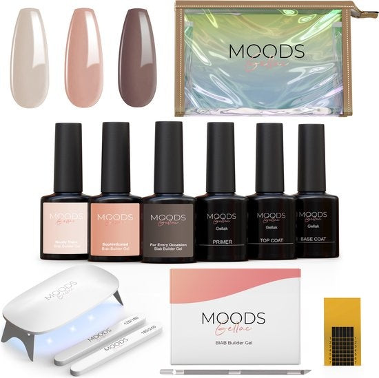 Moods Gellac BIAB Kit pour ongles - Vernis à ongles BIAB - Comprend une lampe UV/LED, un bâton, une lime à ongles, un primer, une base et un top coat.