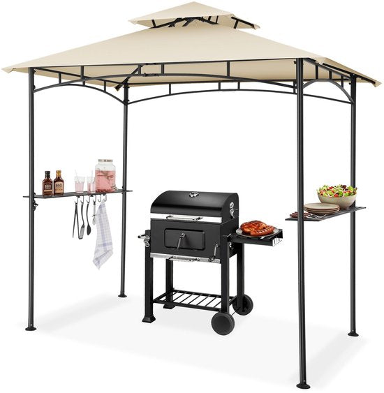 Pavillon barbecue tectake® - Abri pour barbecue - 240 x 150 x 250 cm - Pavillon de jardin - Résistant aux intempéries - Protection UV - Système à double toit - Gazebo avec crochets de suspension, grilles et décapsuleur - Pavillon de barbecue - Couleur sab