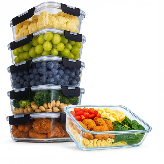 Boîtes de conservation en verre Aviro - 6 pièces - Boîtes pour la préparation des repas - Adaptées au congélateur, au micro-ondes et au four - Sans BPA - Hermétiques - 1 L