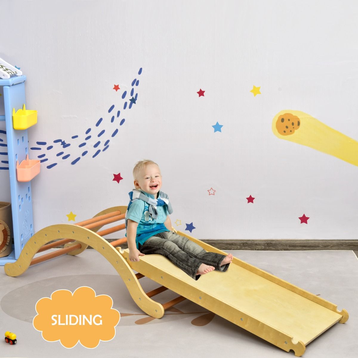 Ensemble d'échelle d'escalade 3-en-1 Coast pour enfants - Arche avec rampe d'escalade et balancelle - naturel + bleu