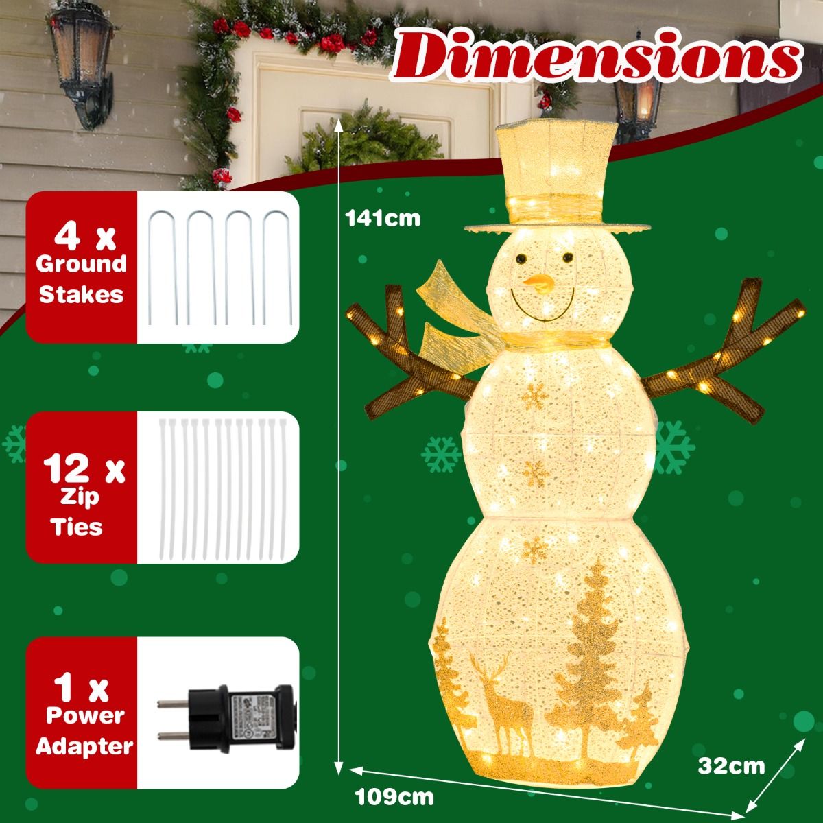 Décoration de Noël « Bonhomme de neige » Coast LED - 100 ampoules LED blanc chaud - 141 cm de haut - avec chapeau et écharpe - blanc
