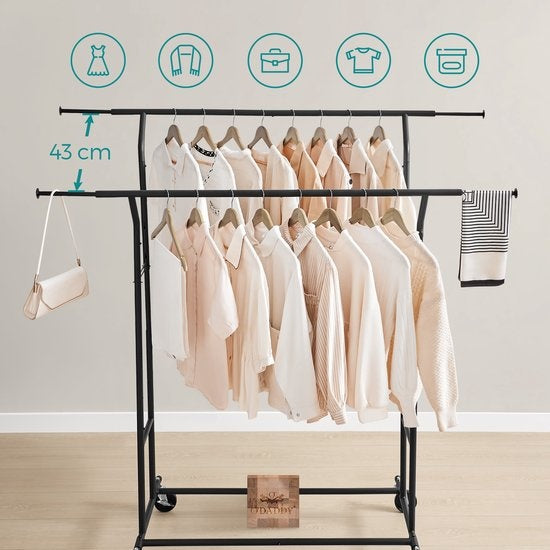 Porte-vêtements O'DADDY® sur roulettes - Portemanteau - Tringle à vêtements - Réglable et extensible - Roulettes industrielles - Métal - Stable jusqu'à 110 kg - Noir