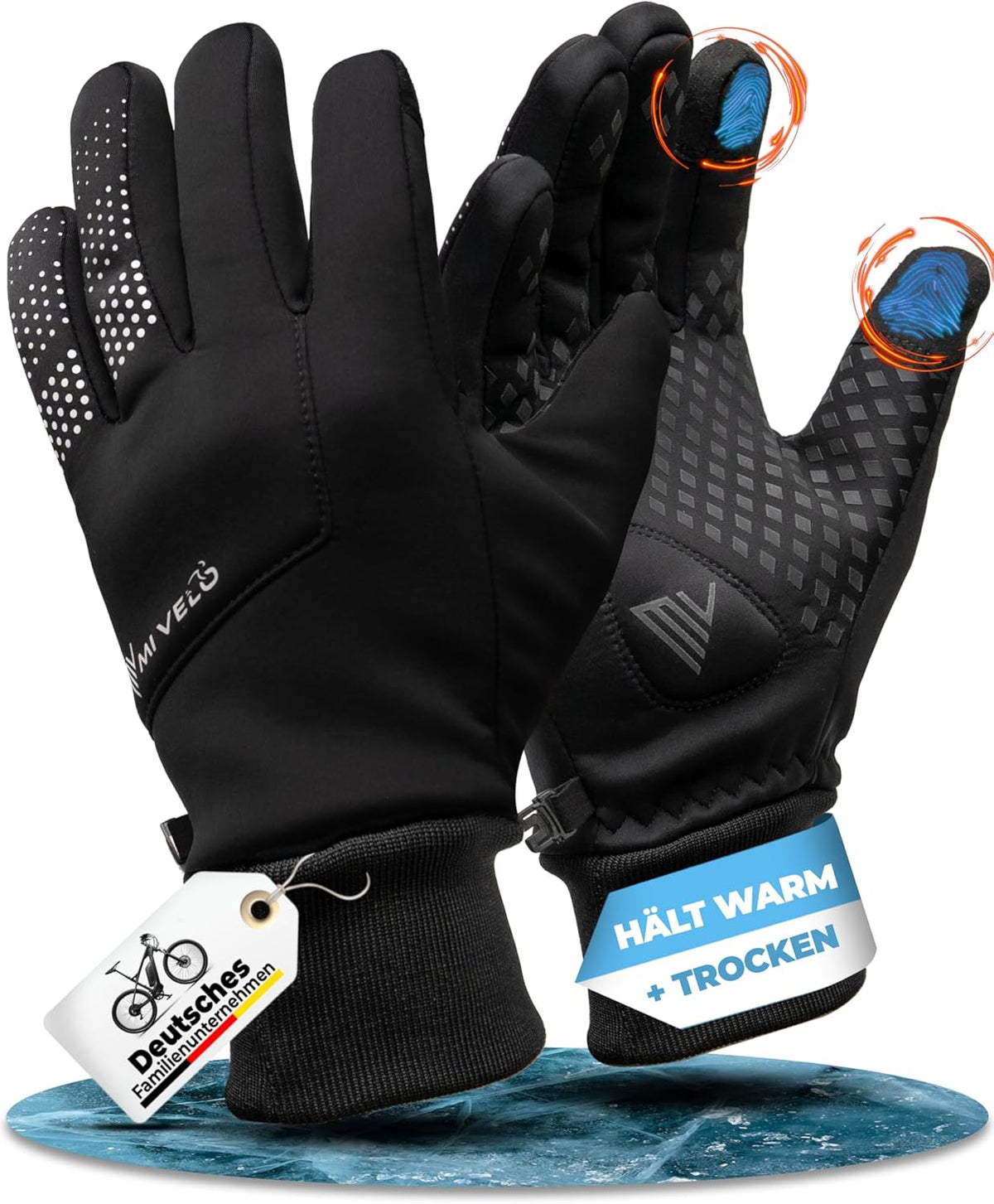 MIVELO Gants de cyclisme VELORIDER - Coupe-vent et imperméable - Fonctionne avec les écrans tactiles - Noir - Taille XL