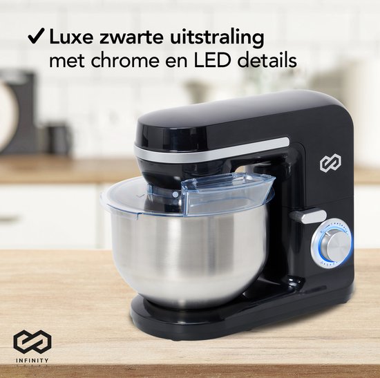 Infinity Goods Robot de cuisine - Mélangeur de cuisine - Bol de mélange en acier inoxydable de 5L - Robot de cuisine - Robot ménager - Accessoires inclus - 1000W - Noir