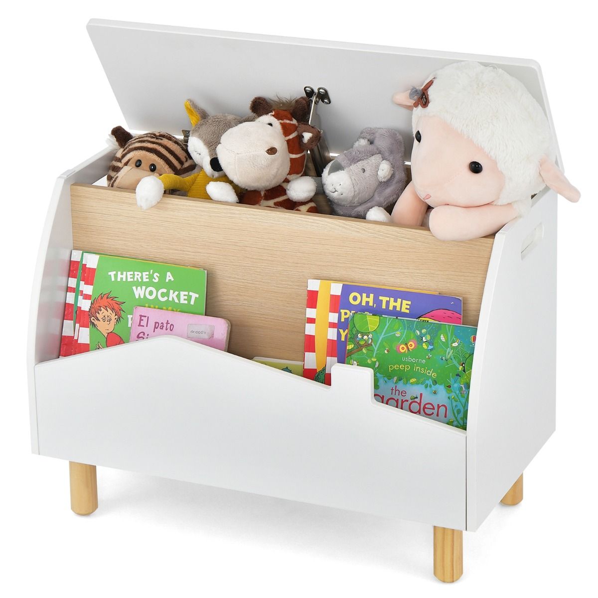 Coffre à jouets en bois Coast avec étagère - Charnières de sécurité - Poignées - Blanc 60 x 33 x 44 cm