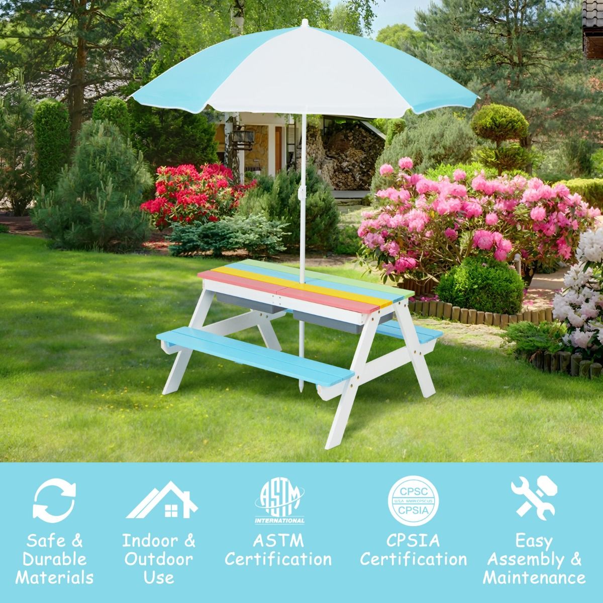 Ensemble de table de pique-nique pour enfants Coast 3-en-1 - avec parasol et bancs - multicolore