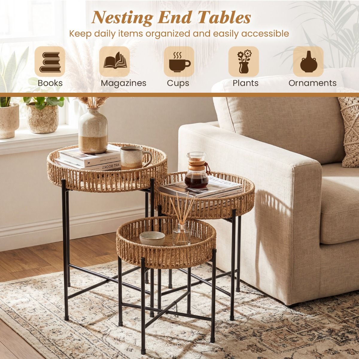 Ensemble de tables d'appoint rondes Coast - tressage bohème fait main - pieds en métal - couleur naturelle - lot de 3