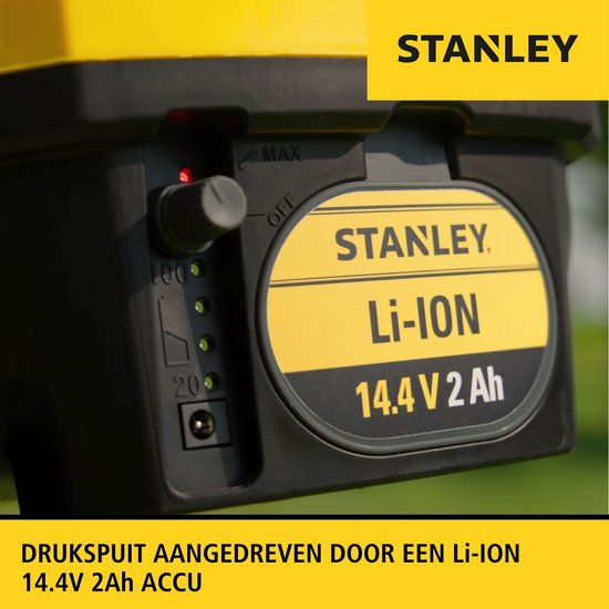 Pulvérisateur à pression Stanley 12 L arrière, pulvérisateur arrière jardin, pulvérisateur à pression, électrique, batterie rechargeable lithium, lance télescopique, buse réglable, autonomie 2 h, max 5 bar, 0.60 l/minute, jaune/noir
