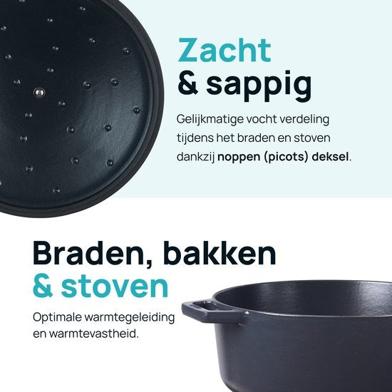 Casserole en fonte - MOA - 7,2 L - 30cm - Ronde - Toutes sources de chaleur - Egalement pour induction - Poids 7,3 kg - Noire