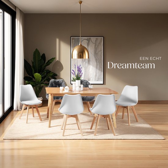 tectake® Dining Chair Frederikke - Lot de 4 chaises de salle à manger avec assise en tissu rembourrée - pieds en bois massif - Chaises ergonomiques adaptées au salon, à la salle à manger, à la chambre à coucher et à la cuisine - Capacité 120kg - Blanc
