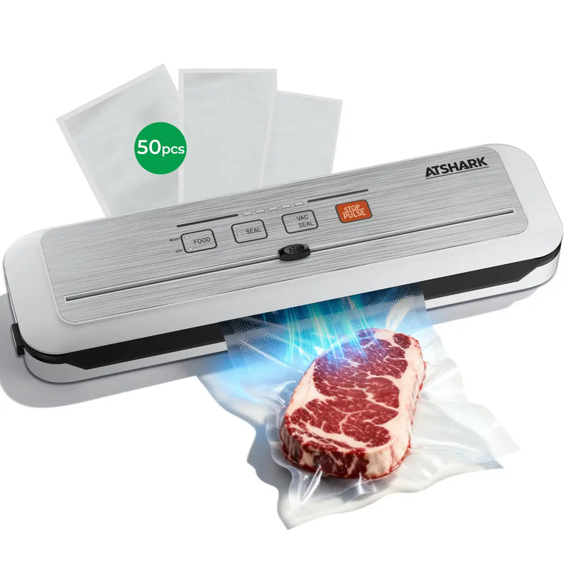 Machine sous vide ATSHARK 5-en-1 – Écran tactile haute pression, rapide et pratique, 50 sachets sous vide inclus, idéale pour la conservation des aliments à la maison, blanche, VS6621