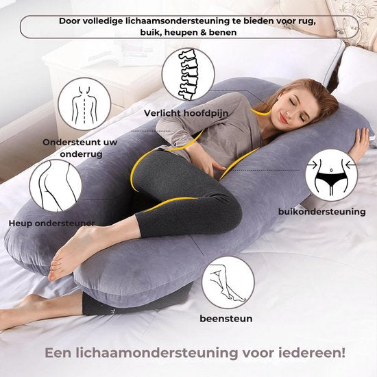 Oreiller de grossesse - XXL en forme de U - Oreiller de corps - Oreiller pour dormir sur le côté - Housse en peluche - Oreiller d'allaitement - 280 cm - Fermeture à glissière - Rheme