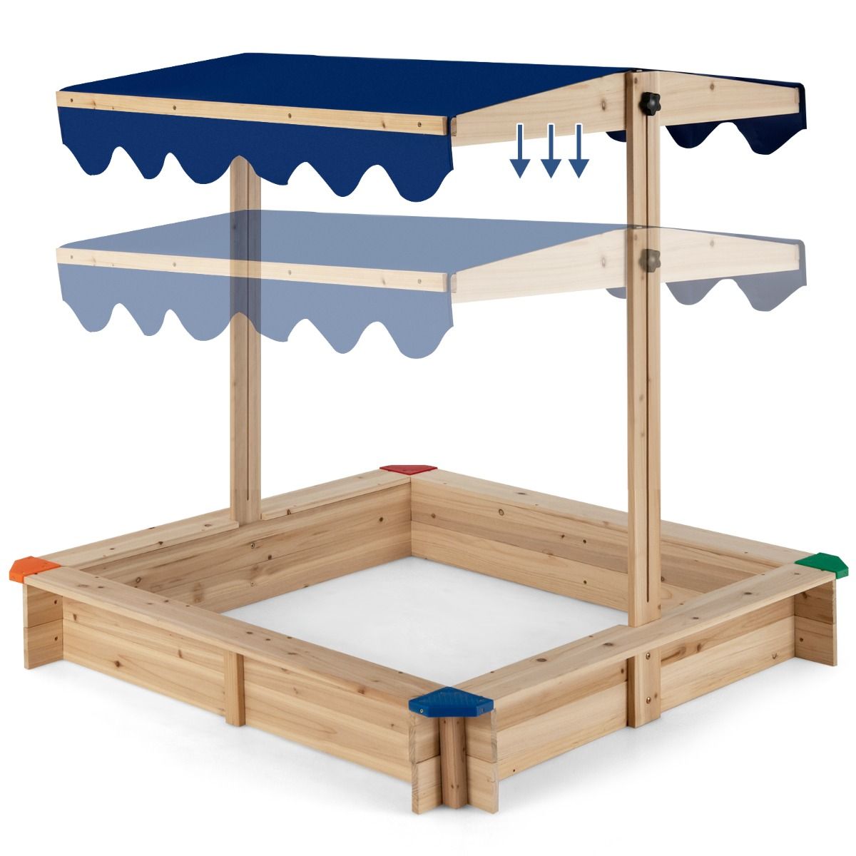 Bac à sable en bois Coast avec auvent réglable - sans fond - coin salon - bleu - 121 x 121 x 120 cm