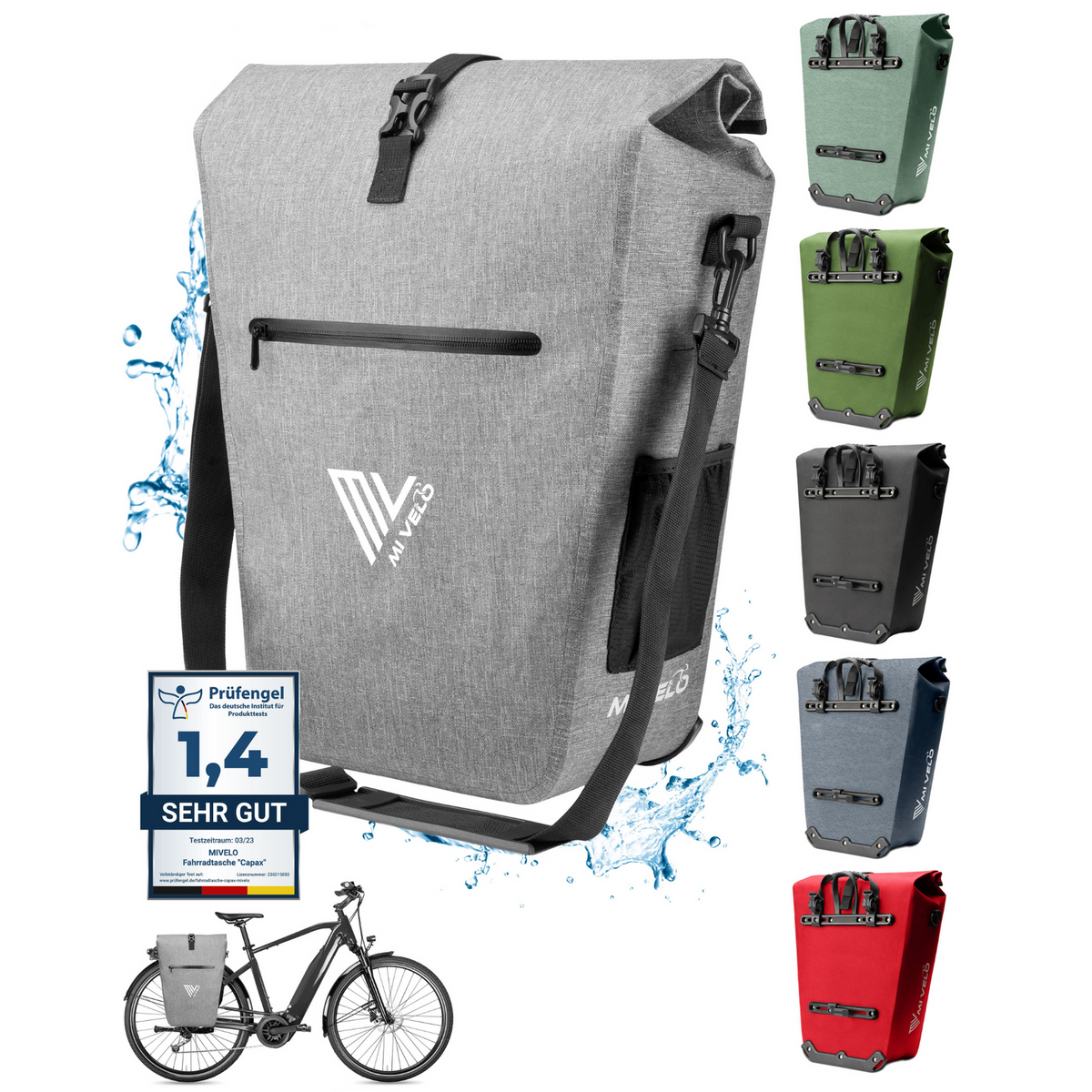 MIVELO Pannier - Étanche - 25L - Avec compartiment pour ordinateur portable et bandoulière - Gris
