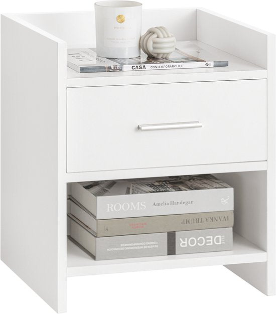 SoBuy FBT66-W Table de chevet blanche - Table d'appoint avec tiroir et 2 étagères - Table basse polyvalente pour chambre, salon et couloir - MDF