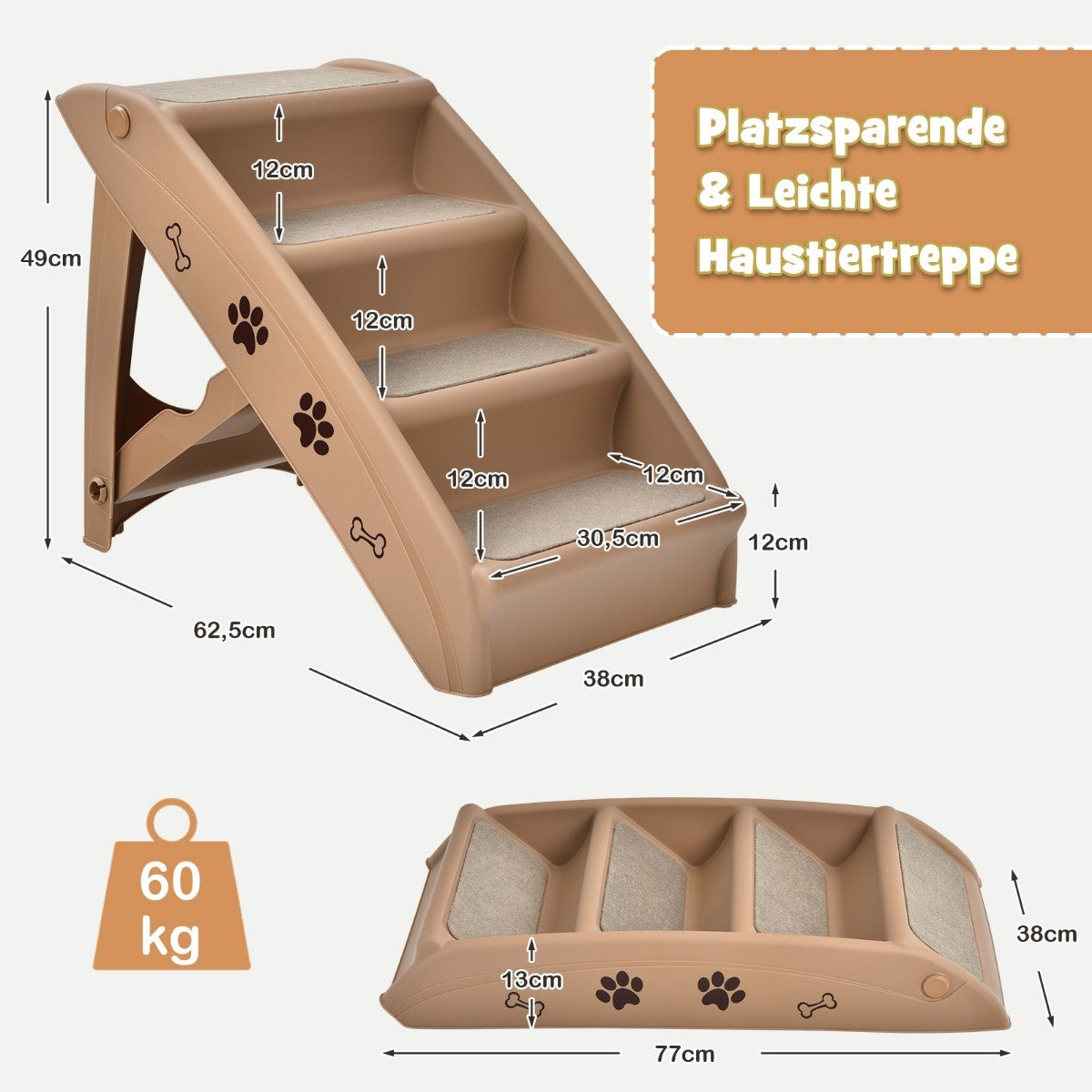 Coast Pet stairs with 4 steps portable climbing ladder safe hundred slope 62.5 x 38 x 49 cm brown