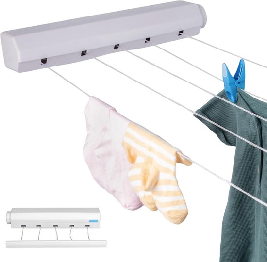 Etendoir à linge mural extensible - 5 lignes - fil 4m - Etendoir à linge suspendu - Etendoir à linge suspendu - Convient pour camping, camping-car, camping - Extensible - Etendoir à linge à rouleaux - Etagères - Pour l'extérieur et l'intérieur - Extensibl