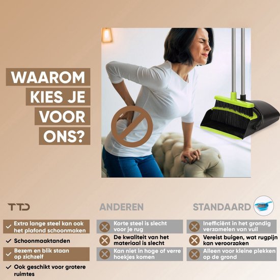TTD® Balai et pelle à poussière avec long manche XXL - réglable 54-263 cm - Balai - manche de balai - vert et noir - balai et pelle à poussière - poubelle pour l'intérieur et l'extérieur - dents de nettoyage intégrées