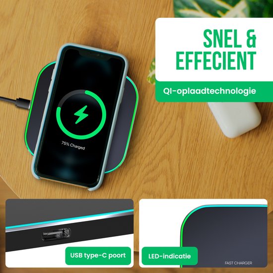 Strex Wireless Charger 15W - Câble inclus - QI Fast Charger - Chargeur sans fil - Chargeur rapide - Indication LED