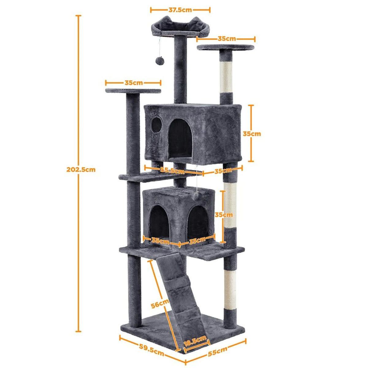 Yaheetech Cat Post XXL avec deux paniers pour chats - équipé d'une rampe d'escalade, d'une chaise longue pour les oreilles du chat et de boules de jeu suspendues - pour les foyers avec plusieurs chats - peluche et sisal gris foncé - 59,5 x 55 x 202,5 cm