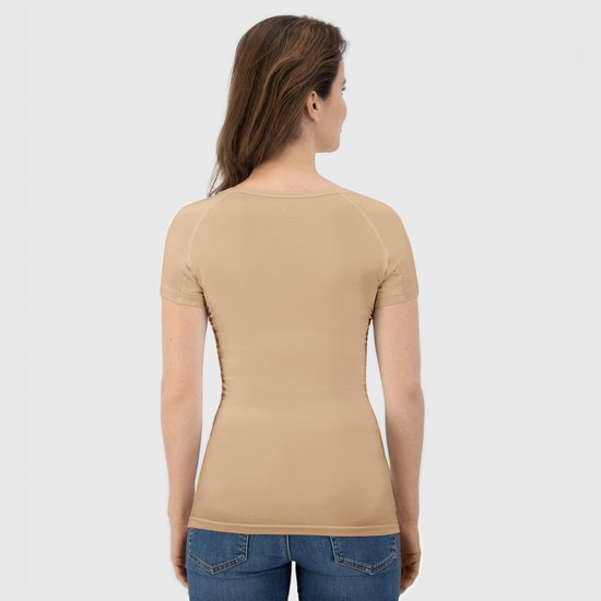 Tsirt anti transpiration - Fibershirts® - Coussinets d'aisselles cousus - Maillot de corps - beige - Col rond - Femme - Taille XS
