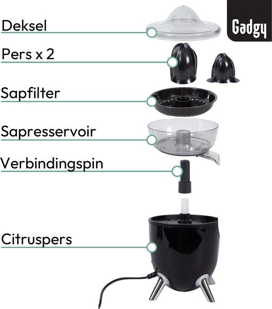 Presse-agrumes électrique Gadgy - Presse-oranges et presse-citrons avec bec verseur - Presse-agrumes avec 2 cônes de pressage - Système anti-gouttes - Antidérapant - 100 W - Noir - Lavable au lave-vaisselle
