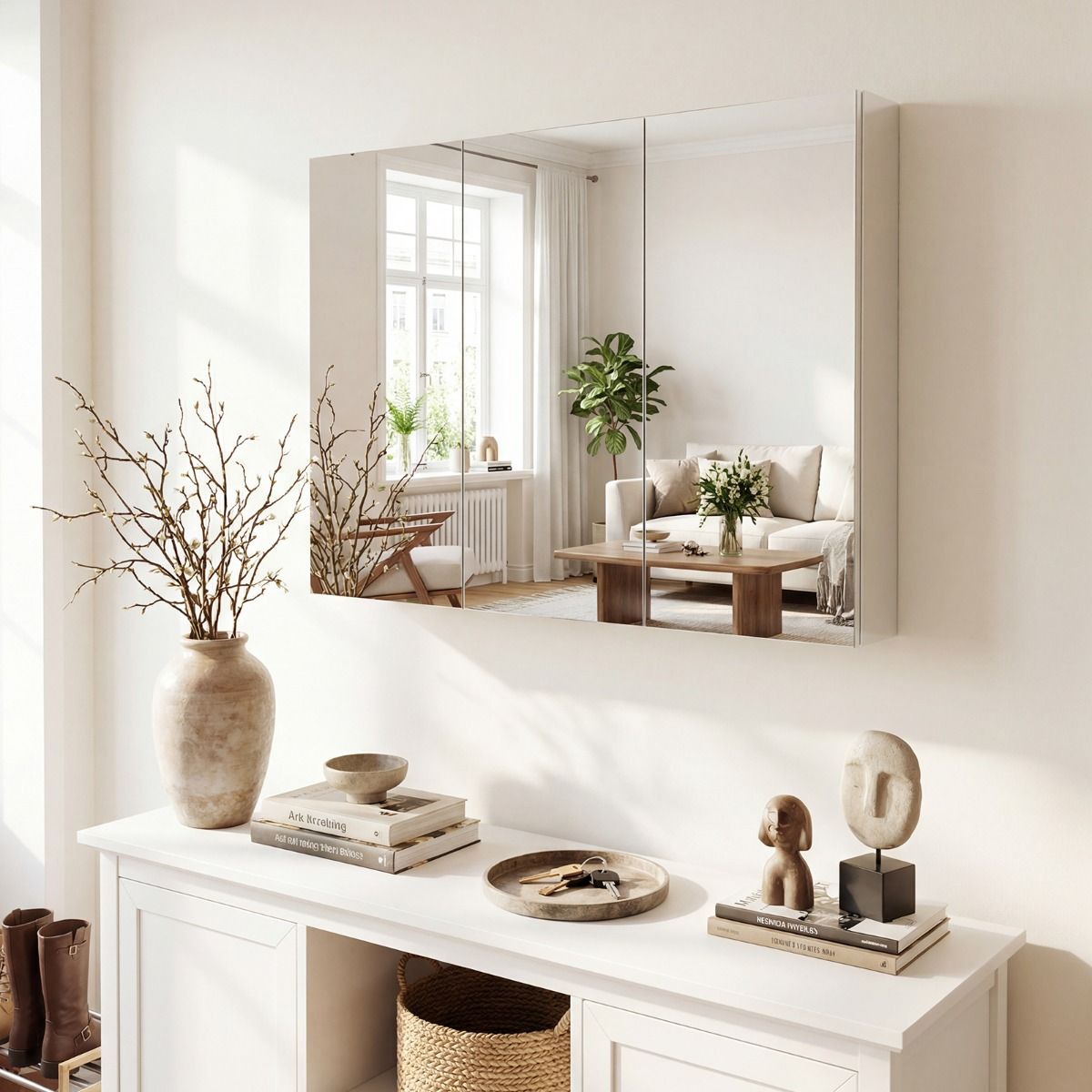 Armoire de salle de bains avec miroir mural Coast - trois portes - 6 compartiments - blanche - 87 x 65 x 12,5 cm