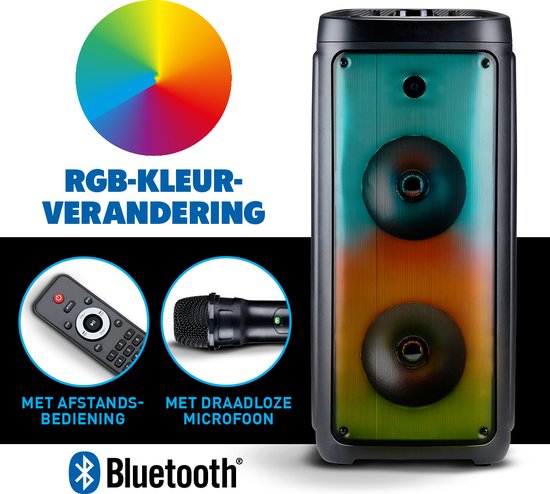Enceinte Bluetooth avec microphone - Boîte de réception avec éclairage d'ambiance - Boîte à musique et Karaoké - Enceinte de réception avec entrées Bluetooth, Aux et USB - Facile à déplacer grâce à la poignée - Noir