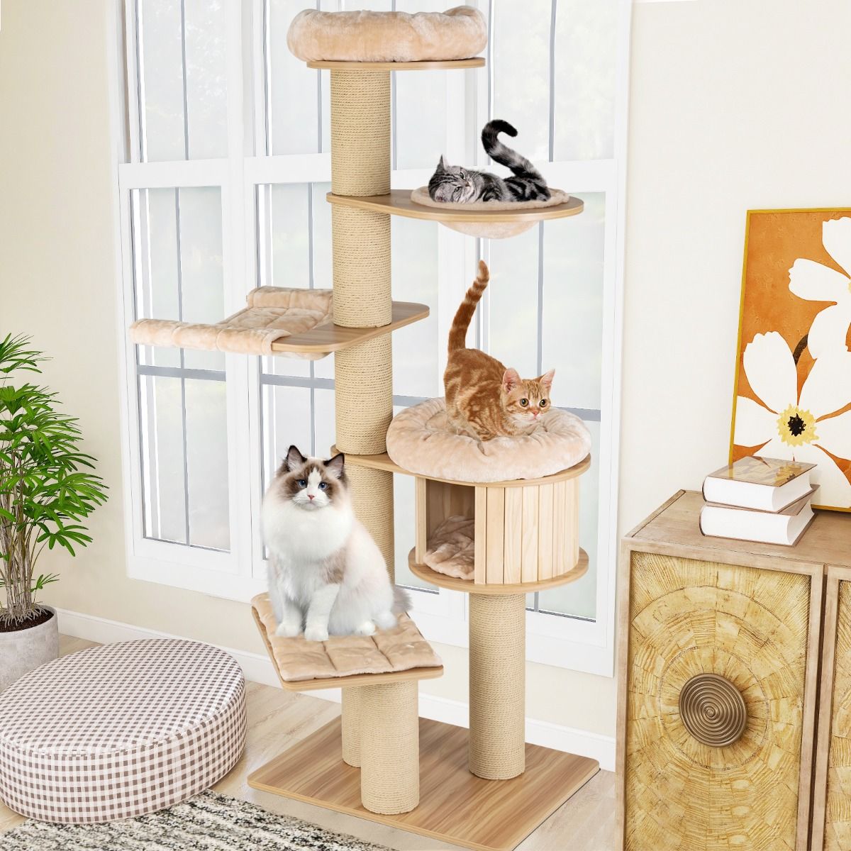Structure d'escalade pour chats Coast - Plusieurs niveaux - Arbres à griffer et niche - Hamac et tapis lavables - Beige 75 x 56 x 191 cm