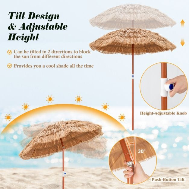COSTWAY Parasol Hawaii, Base de parasol non incluse, paravent de plage inclinable, paravent de jardin, hauteur réglable, protection contre les UV, parasol en paille pp, parasol de marché, naturel, 155 cm