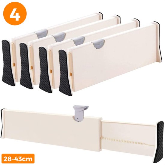 Posity Séparateur de tiroirs - ajustable et extensible - 4 pièces - Organisateur de tiroirs - 28-43.5 cm - Pour la cuisine, la chambre à coucher et les vêtements - Plastique - Blanc