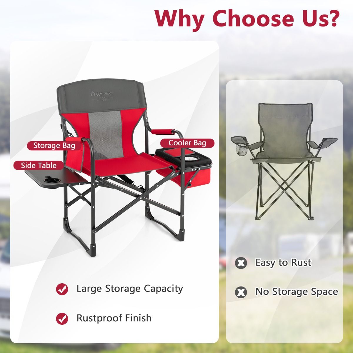 Chaise de camping Coast - avec table d'appoint et glacière - pliable - rouge