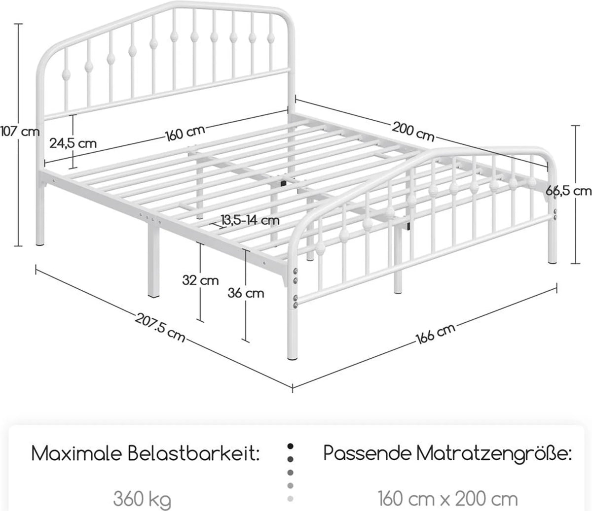 Lit classique en métal Yaheetech avec tête de lit haute 160 x 200 cm – Blanc – Métal