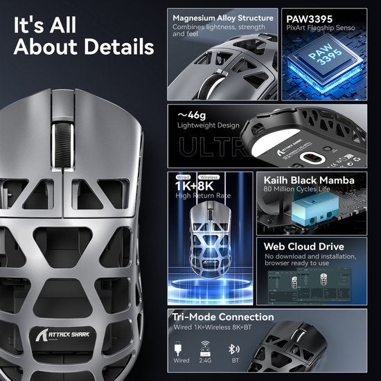 ATTACK SHARK R3 - Souris gaming sans fil - PAW3395 - Ultralégère (46 g) - Filaire/2,4 GHz/BT 5.1 - 26 000 DPI - Alliage de magnésium
