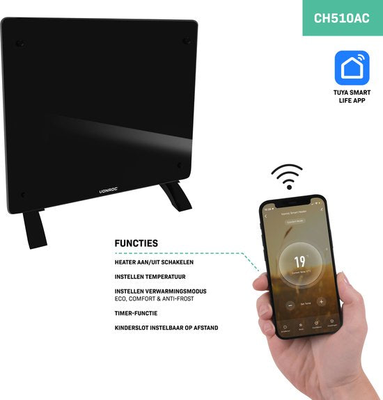 VONROC Chauffage électrique de luxe - Convecteur avec panneau en verre - 500W/1000W - Chauffe les pièces jusqu'à 12m2 - Contrôlé par l'application (via Wifi) et manuellement - Thermostat et minuterie réglables - Noir