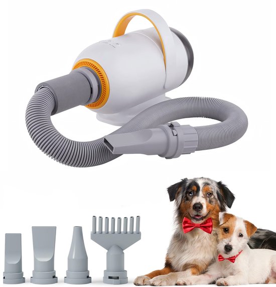 Fuegobird CL-DP Sèche-cheveux pour animaux de compagnie - Sèche-cheveux professionnel pour chiens - Conception silencieuse - 50 dB - Avec 4 embouts - Sèche-cheveux pour chiens - Avec mode aspiration - Blanc