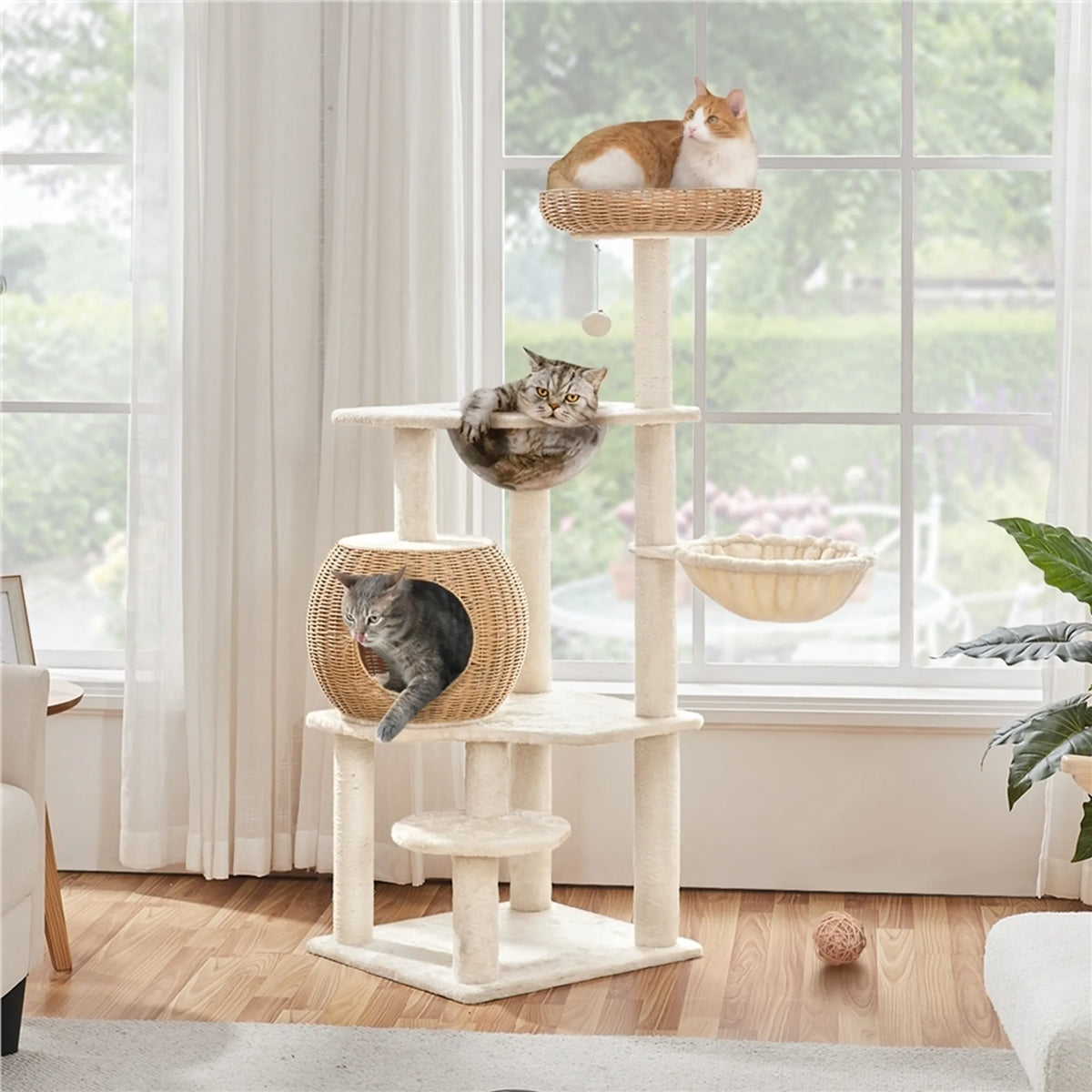 Yaheetech : Arbre à chat avec panier en rotin - 137,5 cm de haut - 54 x 48 cm - Beige