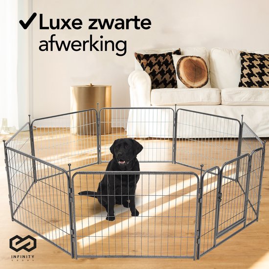 Infinity Goods Hondenren - Puppyren - 8 Panelen - 60 x 80 CM - 480 CM Omtrek - Opvouwbaar - Met Deur - Staal - Zwart