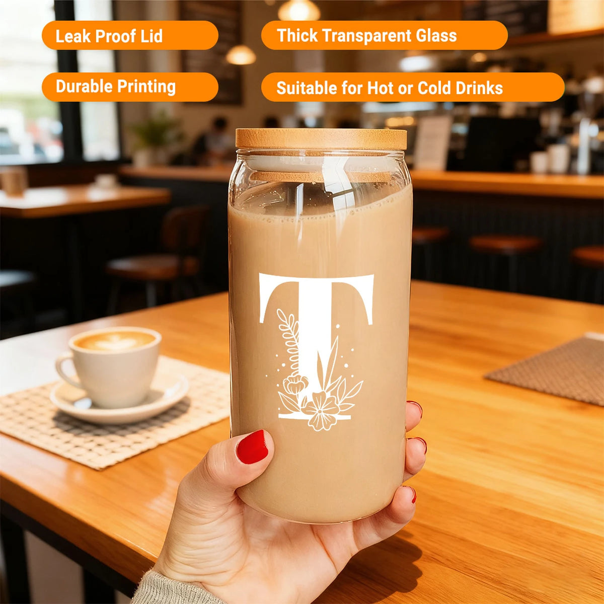 Verre à café glacé Alphynix avec monogramme T - Avec couvercle en bambou et paille