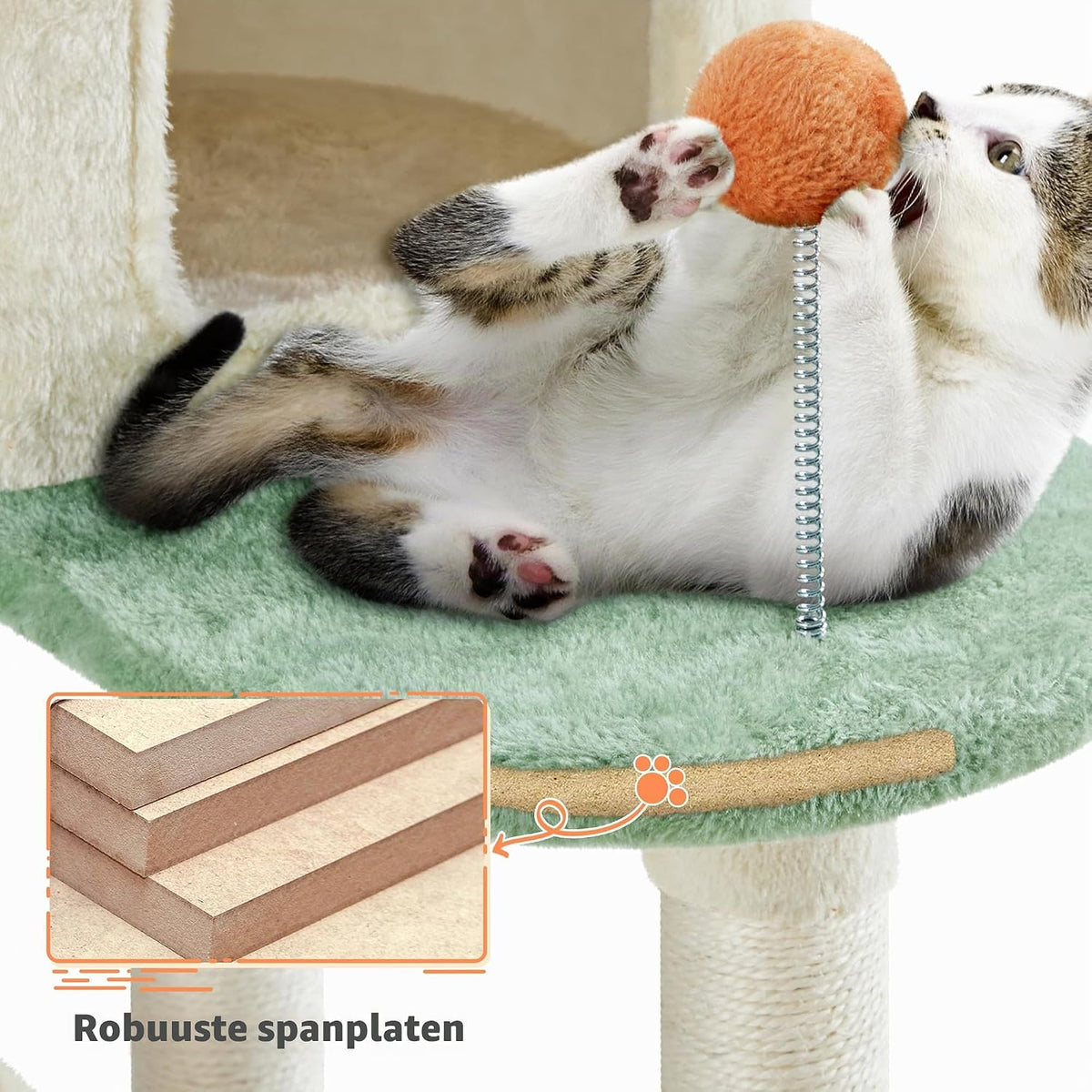 Yaheetech : Arbre à chat avec motif de pattes et maisonnettes pour chats - 59,5 x 55,5 x 164 cm - Beige/vert