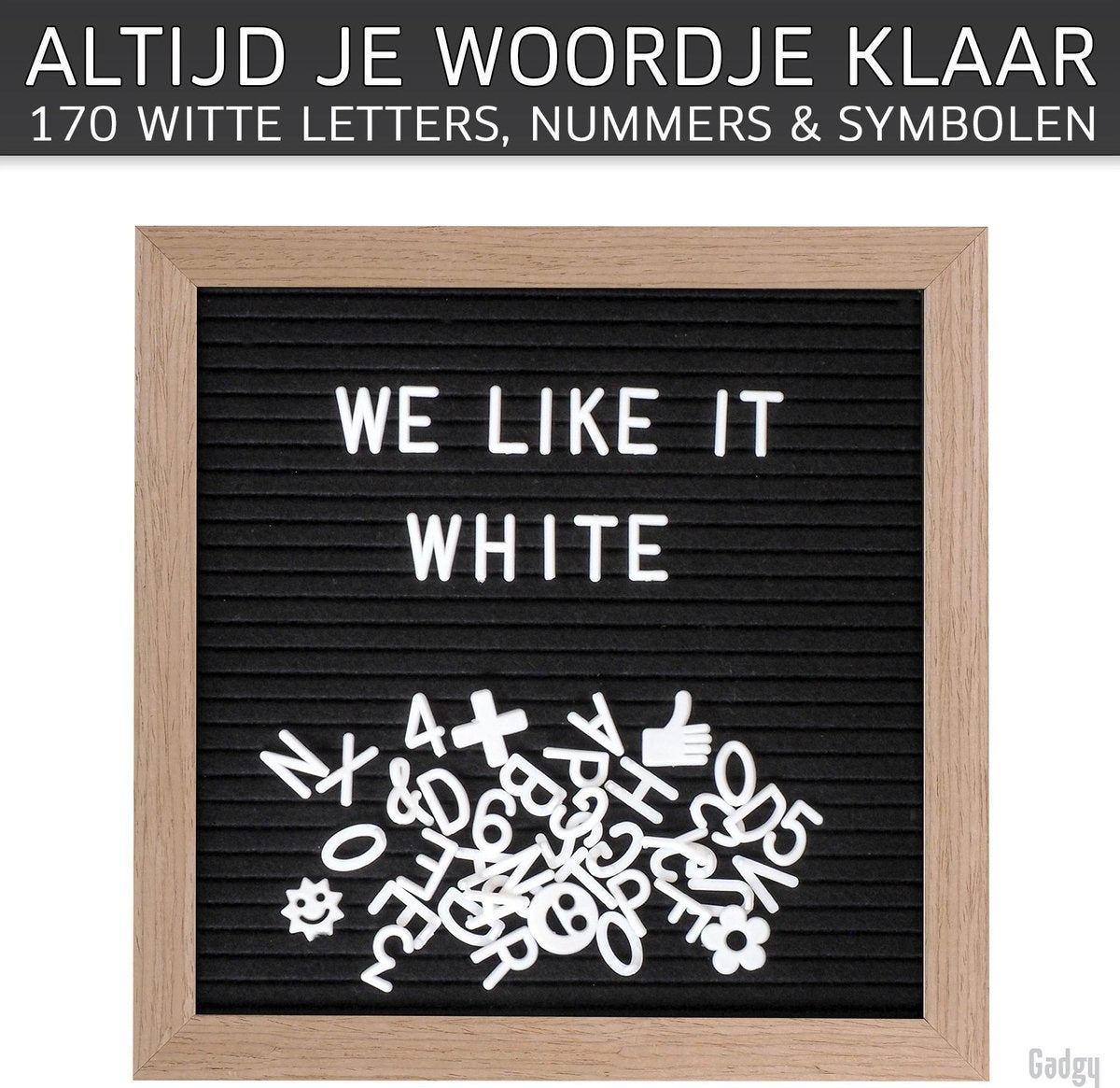 Gadgy Letterbord Zwart Vilt - Houten Lijst 25x25CM - Inclusief 570 Kleuren Letters en 100 Icoontjes - Wanddecoratie Woonkamer - Leuk Cadeau Verjaardag