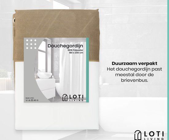 Loti Living Rideau de douche anti-moisissure - Rayures marron clair - Anneaux inclus - Imperméable - Polyester - Rideau de douche 180x200 cm
