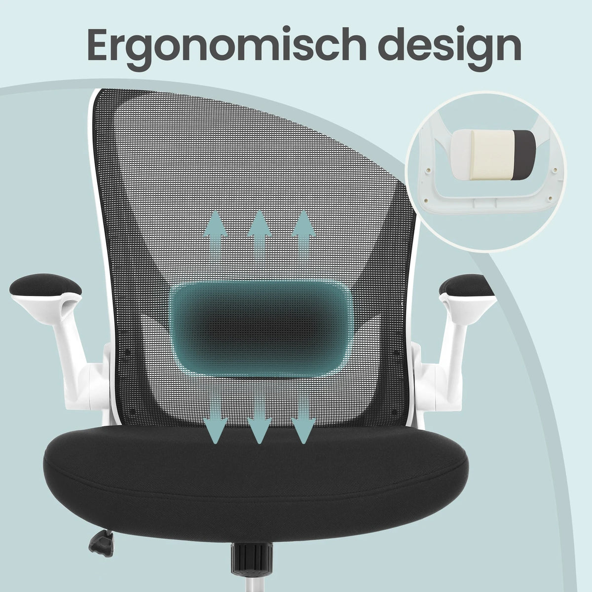 Chaise de bureau ergonomique en maille JOYFURNOS - Noire - 60 x 64 x 103–110 cm - Soutien lombaire réglable - Accoudoirs rabattables