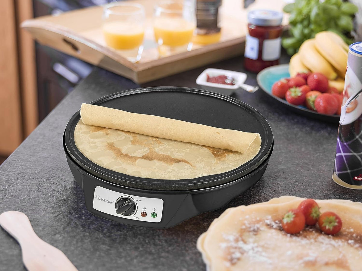 Crêpière Bestron Ø 30 cm - Crêpière avec distributeur de pâte et spatule à crêpes - Revêtement antiadhésif - 1 000 watts - Noir