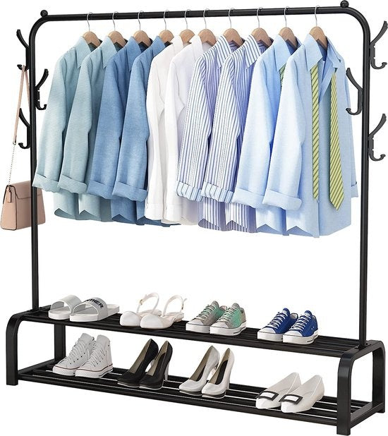 Avalo Rack à vêtements industriel - Métal - 110x33x150 CM - Noir - Rangement pour chaussures - Rack à vêtements avec crochets