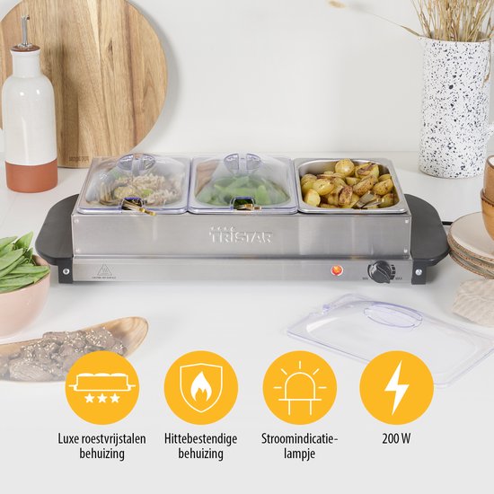 Tristar BP-6283 - Réchauffeur de buffet 200 W - Chafing dish - 3 x 1,4 litre - Avec couvercle - Acier inoxydable